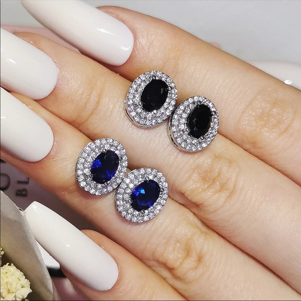 New Oval 925 Silver Party Wedding Sapphire Stud Earrings - Picture 2 of 5